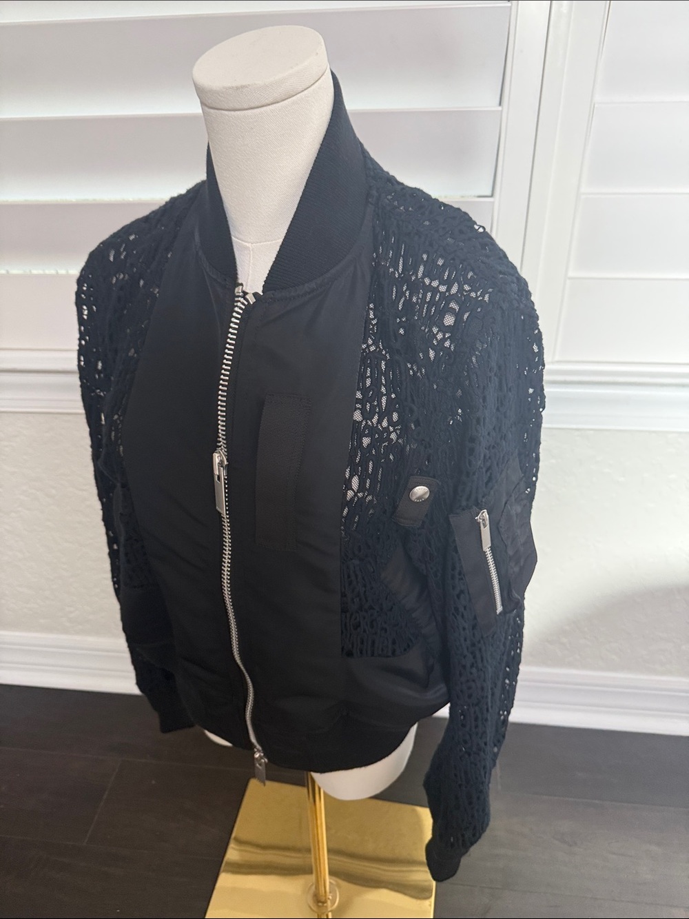 Sacal Black Women's Crochet-Sleeve Bomber Jacket